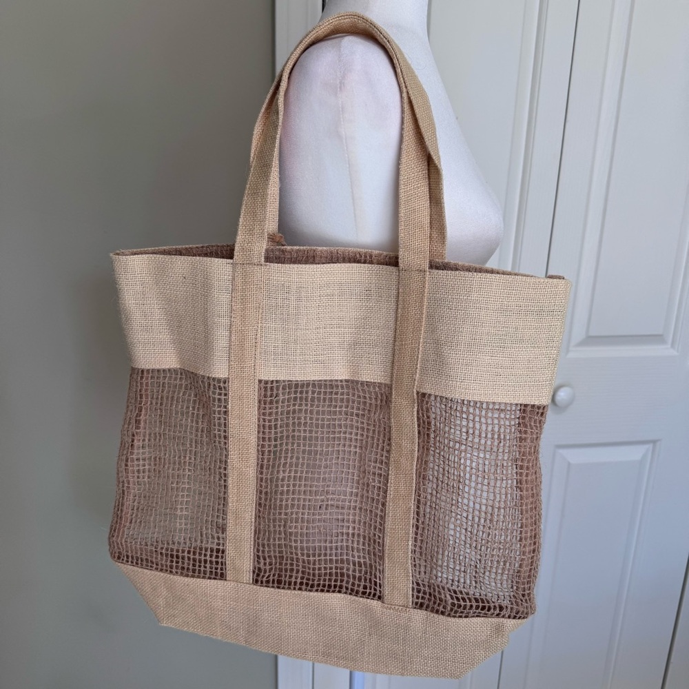Miniso Large Jute Mesh Beach Tote Ivory Natural Market Shopper Carryall NWT Boho